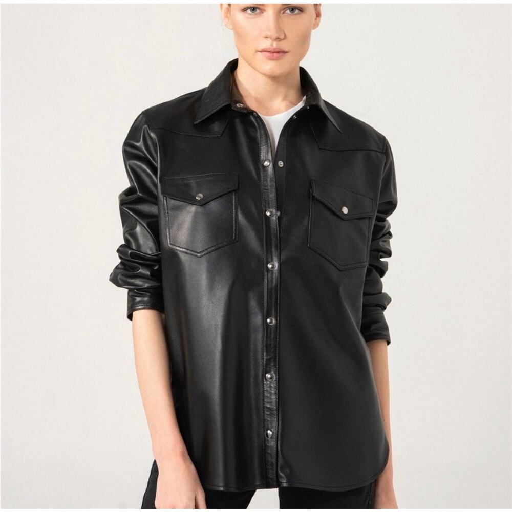 Baccini Womens Vegan Faux Leather Snap Down Shirt Shacket Size Small Black Goth
